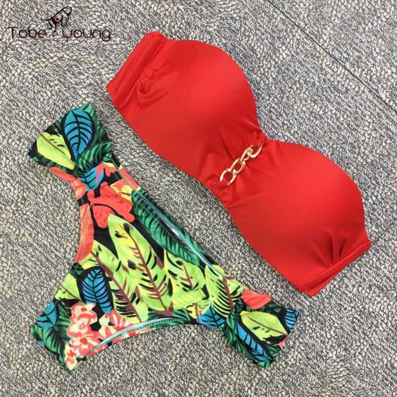 2017 ο ÷ζ   ü Ǫ  Ű Ʈ   е  ش  Beachwear  femme/2017 New Floral Leaf Pattern Chain Push-up Bikini Set Women Summer Padde